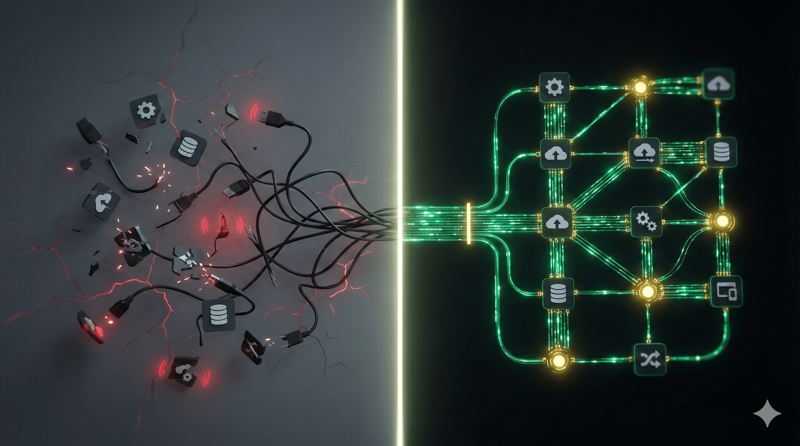 Split illustration showing chaotic complexity on the left transforming into organized clarity on the right